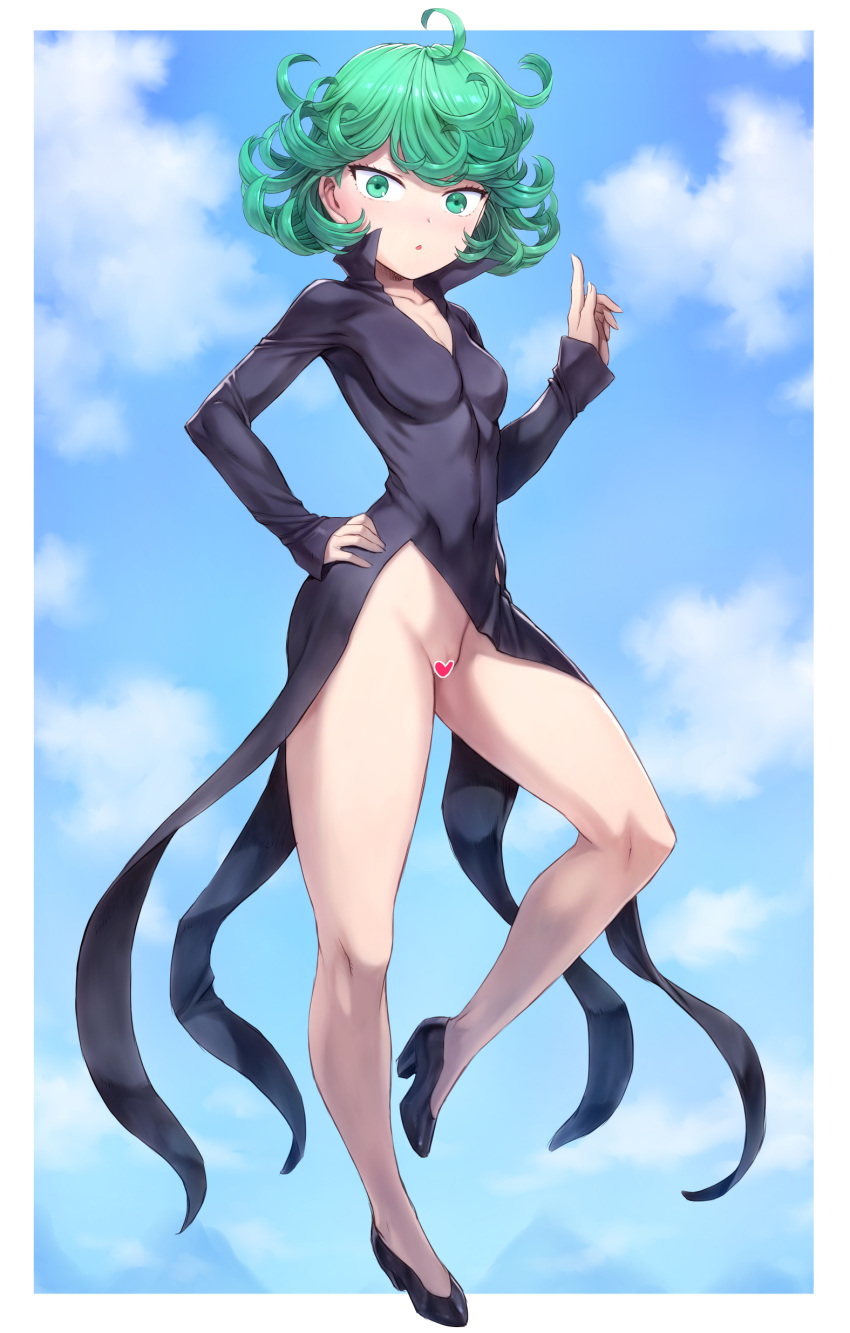 1girl :o absurdres black_dress black_footwear blue_sky breasts censored cloud commentary_request curly_hair day dress flying full_body green_eyes green_hair hand_on_hip heart heart_censor highres index_finger_raised legs looking_at_viewer mogudan no_panties one-punch_man shoes short_hair sky small_breasts solo tatsumaki thighs