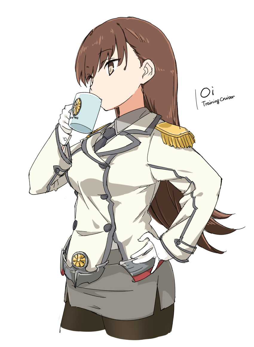 1girl aka_ringo black_legwear brown_eyes brown_hair buttons character_name collared_shirt commentary_request cosplay cropped_legs cup double-breasted drinking epaulettes grey_skirt hand_on_hip highres kantai_collection katori_(kancolle) katori_(kancolle)_(cosplay) kikumon long_hair military military_uniform mug necktie ooi_(kancolle) pantyhose pencil_skirt shirt simple_background skirt solo uniform white_background