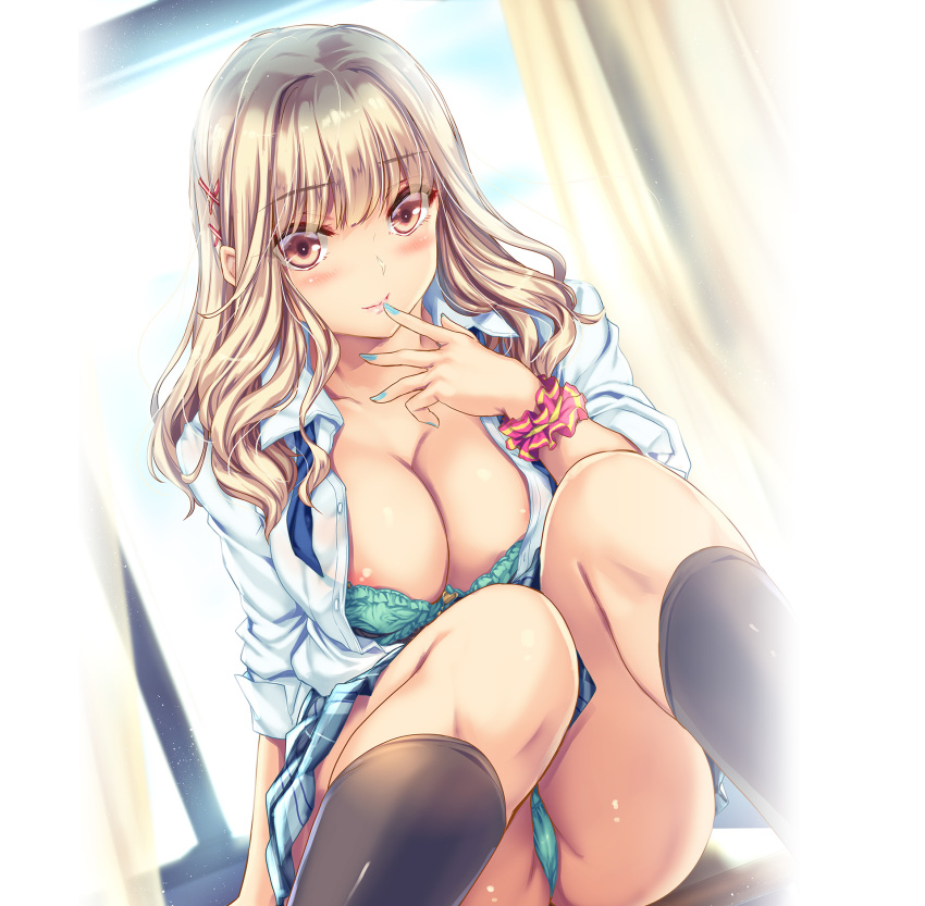 1girl aqua_bra aqua_panties areola_slip areolae ass bangs black_legwear black_skirt blonde_hair bra breasts brown_hair cleavage collared_shirt curtains desk eyebrows_visible_through_hair hair_ornament hand_to_own_mouth highres kneehighs lips looking_at_viewer medium_breasts moneti_(daifuku) nail_polish official_art open_clothes open_shirt panties plaid plaid_skirt pleated_skirt prekano school_desk scrunchie shirt sitting skirt solo thighs underwear undone_neck_ribbon white_shirt window x_hair_ornament