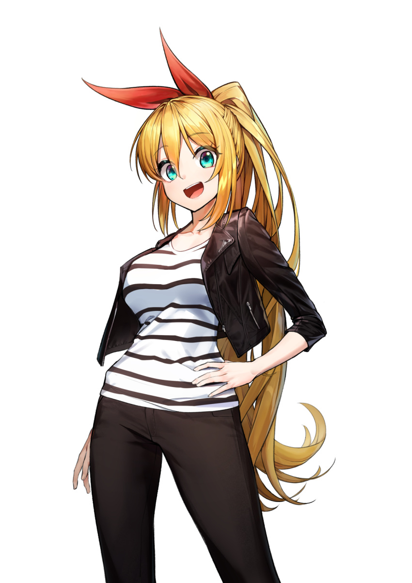 1girl :d bangs black_pants breasts collarbone commentary eyebrows_visible_through_hair hair_between_eyes hair_ribbon hand_on_hip highres jacket large_breasts long_hair long_sleeves looking_at_viewer open_mouth overlord_(overlord80000) pants ponytail ribbon shirt smile solo standing striped striped_shirt teeth tsurumaki_maki upper_teeth voiceroid white_background