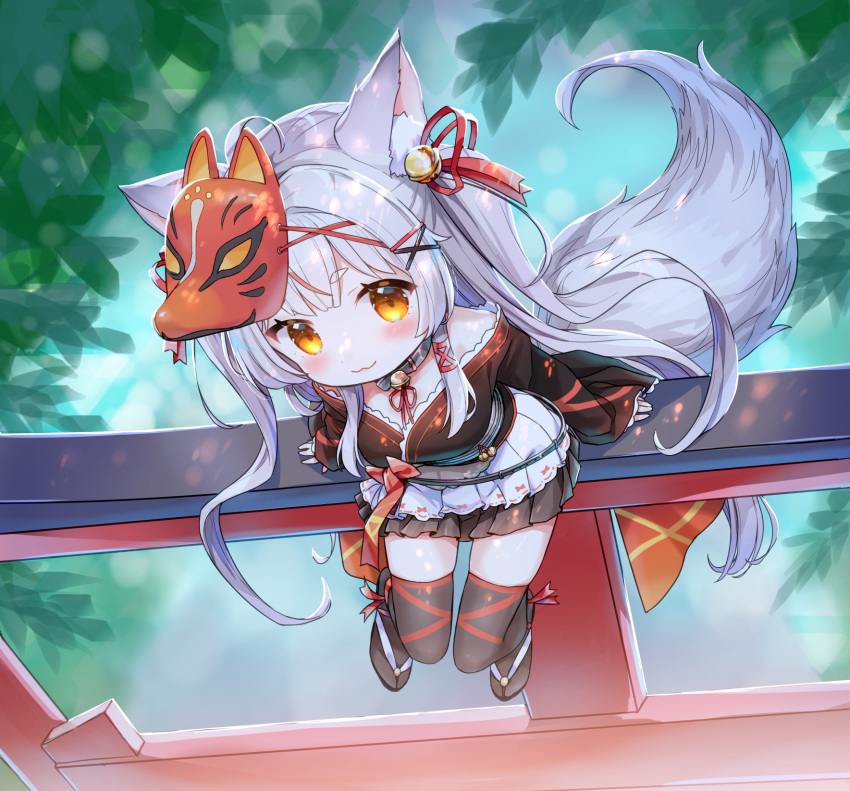 1girl :3 amimi animal_ear_fluff animal_ears bell breasts commission fox_ears fox_girl fox_mask fox_tail hair_bell hair_ornament highres indie_virtual_youtuber japanese_clothes kamiko_kana kimono long_hair long_sleeves looking_at_viewer mask orange_hair sandals silver_hair sitting sitting_on_torii skeb_commission tail thighhighs torii virtual_youtuber