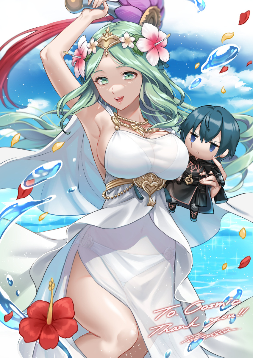 1boy 1girl absurdres armor bangs bikini blue_eyes blue_hair breasts byleth_(fire_emblem) byleth_(fire_emblem)_(male) cape character_doll chibi cleavage closed_mouth commission dress dress_swimsuit fire_emblem fire_emblem:_three_houses fire_emblem_heroes flower gloves green_eyes green_hair hair_flower hair_ornament highres holding iria_(yumeirokingyo) large_breasts long_hair navel official_alternate_costume open_mouth rhea_(fire_emblem) see-through short_hair sideboob smile swimsuit third-party_source tiara white_bikini white_swimsuit