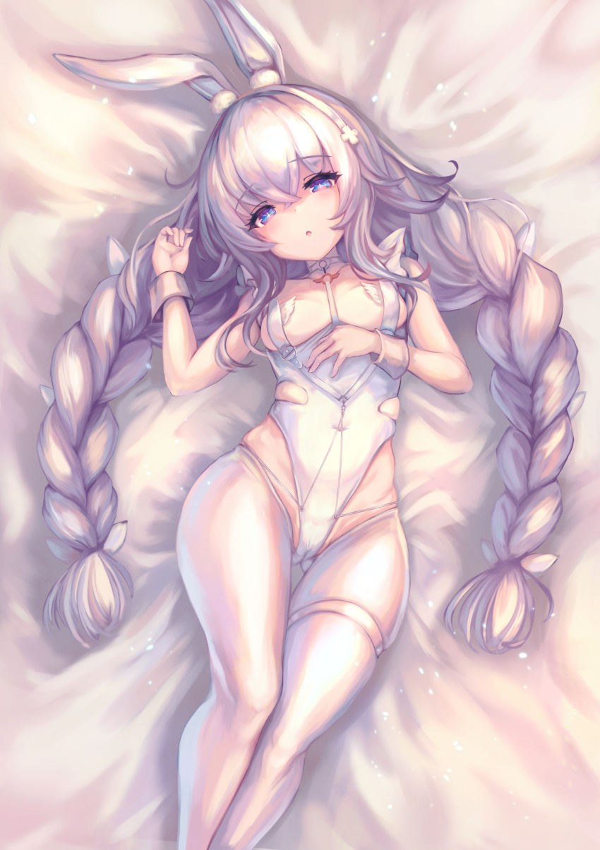 +_+ 1girl absurdres animal_ear_fluff animal_ears ass_visible_through_thighs azur_lane bare_shoulders bed_sheet between_breasts blue_eyes braid breasts cameltoe collarbone commentary_request denchi_more_power eyebrows_visible_through_hair feet_out_of_frame grey_hair groin hair_between_eyes hand_on_own_chest hand_up headband highres le_malin_(azur_lane) le_malin_(listless_lapin)_(azur_lane) long_hair looking_at_viewer lying multicolored_eyes multicolored_hair o-ring o-ring_collar official_alternate_costume on_back open_mouth playboy_bunny purple_eyes rabbit_ears small_breasts solo thigh_gap thigh_strap thighhighs thighs twin_braids twintails two-tone_hair white_hair white_headband white_legwear