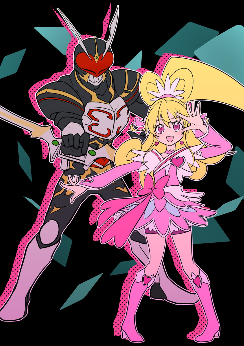 1boy 1girl aida_mana asdge23 bike_shorts bike_shorts_under_skirt blonde_hair boots bow_(weapon) company_connection crossover cure_heart dokidoki!_precure dress high_ponytail highres holding holding_bow_(weapon) holding_weapon kamen_rider kamen_rider_blade_(series) kamen_rider_chalice knee_boots open_mouth pink_dress pink_eyes pink_footwear pink_shorts pink_sleeves precure shorts smile weapon