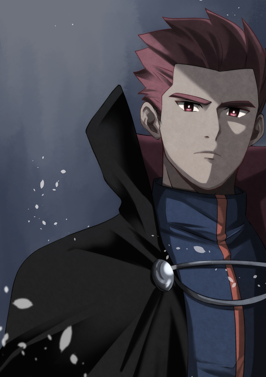1boy absurdres black_cloak bright_pupils cloak closed_mouth commentary_request frown grey_jacket highres jacket lance_(pokemon) looking_at_viewer male_focus matsukaze_mattya pokemon pokemon_(game) pokemon_hgss popped_collar red_eyes red_hair short_hair solo spiked_hair upper_body white_pupils