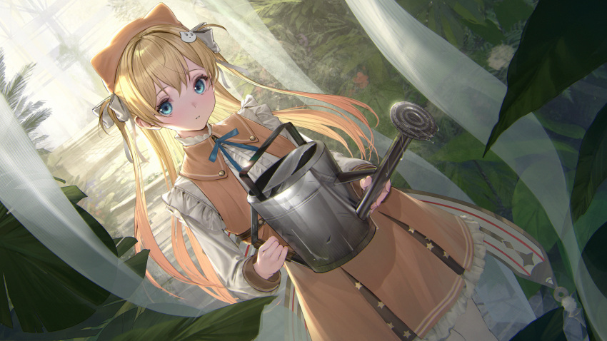 1girl absurdres aimani_(vtuber) animal_ears bangs blonde_hair blue_eyes brown_dress center_frills commentary_request dress dutch_angle eyebrows_visible_through_hair fake_animal_ears frilled_dress frills highres holding long_hair long_sleeves looking_at_viewer parted_lips plant pleated_dress shirt sleeveless sleeveless_dress solo sonobe_maya standing star_(symbol) star_print takubon two_side_up very_long_hair virtual_youtuber watering_can white_shirt window
