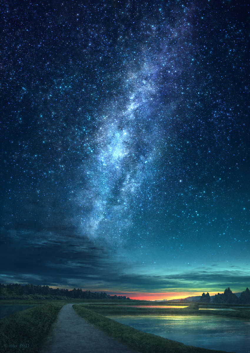 cloud commentary galaxy gradient_sky grass highres landscape mks mountainous_horizon night night_sky no_humans orange_sky original outdoors reflection rice_paddy road rural scenery sky star_(sky) starry_sky sunrise tree water yellow_sky