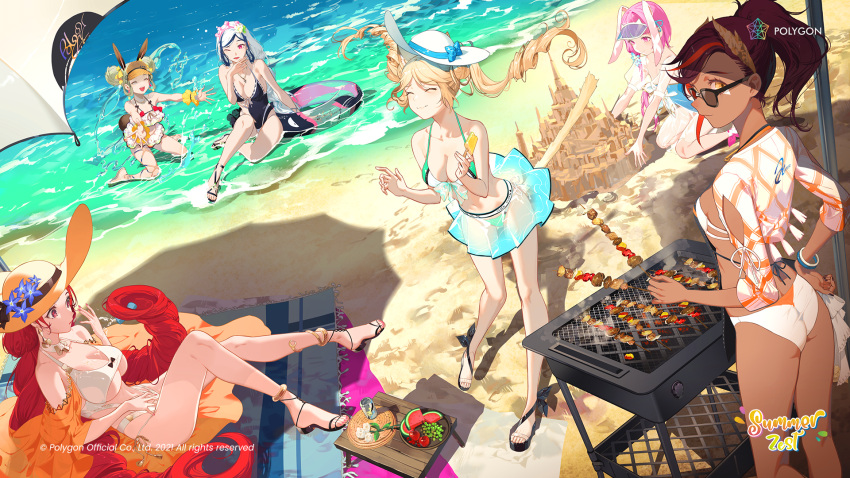 6+girls aisha_(polygon_project) animal_ears apple bangs barbecue bare_shoulders beach bikini blonde_hair breasts brown_hair cleavage closed_eyes collarbone commentary_request dark-skinned_female dark_skin day everyone flower food fruit green_hair hat hat_flower highres hoku_(polygon_project) holding holding_food innertube kneeling lapine_(polygon_project) large_breasts long_hair lucene_(polygon_project) luxia_(polygon_project) multicolored_hair multiple_girls navel ocean official_art orange_eyes outdoors parasol pink_eyes pink_hair polygon_project popsicle prehensile_hair rabbit_ears red_eyes red_hair salmon88 sand sand_castle sand_sculpture second-party_source shadow silver_hair sitting swimsuit thai_commentary umbrella virtual_youtuber water watermelon zona_(polygon_project)