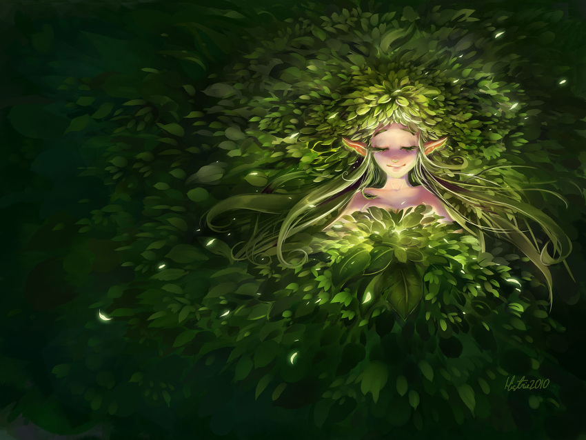 1girl closed_eyes closed_mouth commentary dated ekaterina_orange english_commentary green_hair highres lif_(ragnarok_online) long_hair monster_girl plant plant_girl plant_hair pointy_ears ragnarok_online signature smile solo upper_body