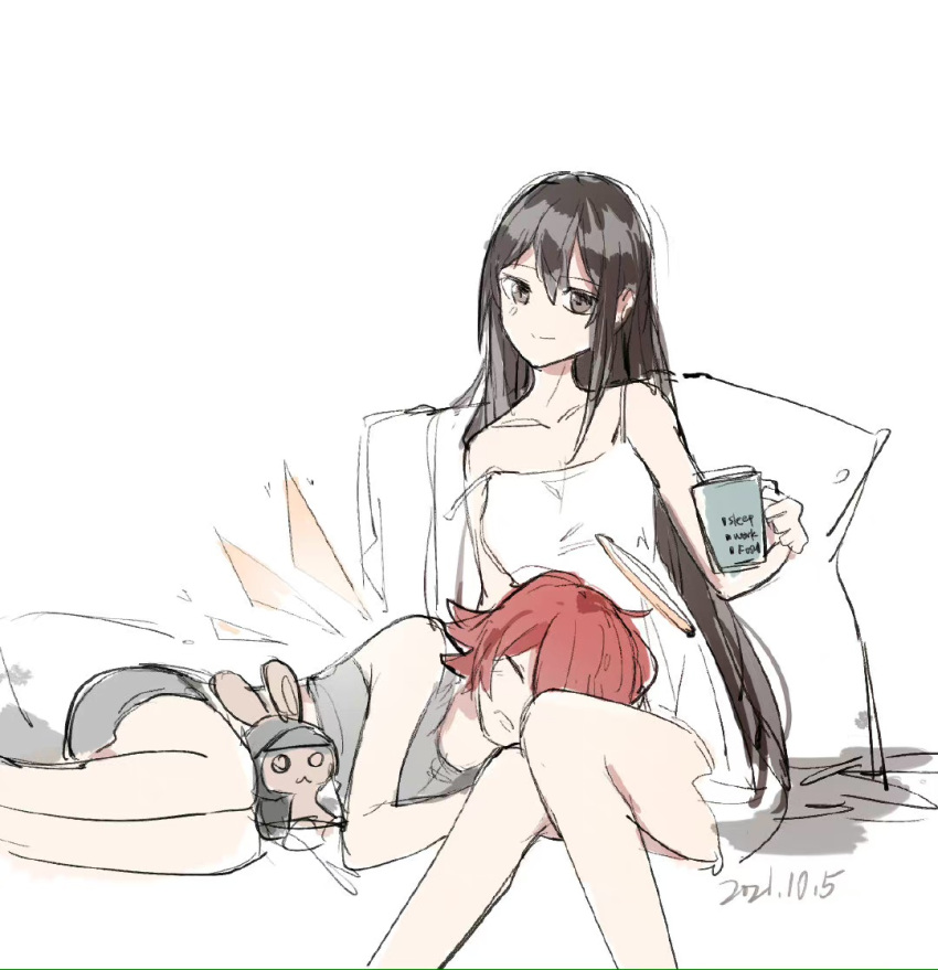 2girls arknights bare_legs blush brown_eyes brown_hair closed_eyes closed_mouth coffee_mug commentary_request cup dated detached_wings doctor_(arknights) dress energy_wings english_text exusiai_(arknights) feet_out_of_frame female_doctor_(arknights) grey_shorts halo holding holding_cup lap_pillow long_hair lying mug multiple_girls on_side pillow red_hair short_hair short_shorts shorts simple_background sitting sleeping sleeveless sleeveless_dress smile stuffed_animal stuffed_bunny stuffed_toy tank_top tianye_toshi very_long_hair white_background white_dress wings yuri