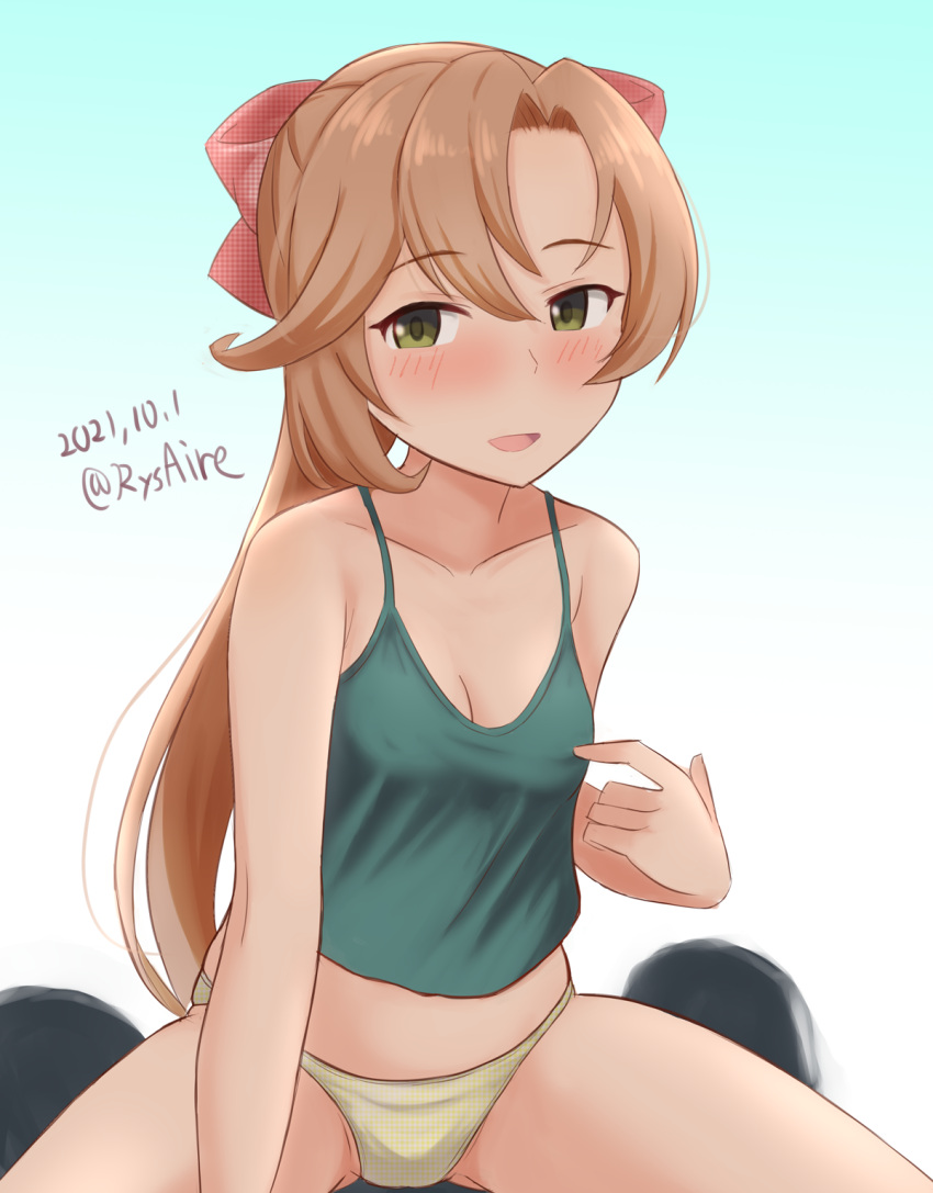 1girl akigumo_(kancolle) ame-san beige_panties breasts brown_hair camisole cleavage commentary_request dated gradient gradient_background green_camisole green_eyes hair_ribbon highres kantai_collection long_hair looking_at_viewer mole mole_under_eye ponytail ribbon sitting small_breasts solo twitter_username wariza