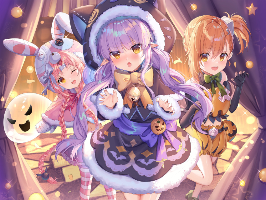 3girls :d ;d absurdres animal_ears animal_hat animal_hood bandaged_hand bandaged_head bandages bangs bare_shoulders bell black_capelet black_gloves black_jacket black_shirt black_skirt blush braid brown_eyes brown_hair bunny_hat button_eyes capelet cat_hood claw_pose collared_shirt commentary_request curtains elbow_gloves eyebrows_visible_through_hair fake_animal_ears fang feet_out_of_frame frilled_skirt frills fur-trimmed_capelet fur-trimmed_hood fur-trimmed_sleeves fur_trim ghost gloves green_footwear halloween hat highres hood hood_up hooded_capelet jack-o'-lantern_ornament jacket jingle_bell kyouka_(princess_connect!) leaning_to_the_side loafers long_hair long_sleeves low_twintails mimi_(princess_connect!) misogi_(princess_connect!) multiple_girls navel one_eye_closed open_mouth orange_shorts pantyhose pink_capelet pink_hair pink_skirt pointy_ears princess_connect! puffy_shorts purple_hair rabbit_ears shanguier shirt shoes short_shorts shorts side_ponytail skin_fang skirt sleeveless sleeveless_shirt smile standing standing_on_one_leg striped striped_legwear sweatdrop teeth twin_braids twintails upper_teeth very_long_hair