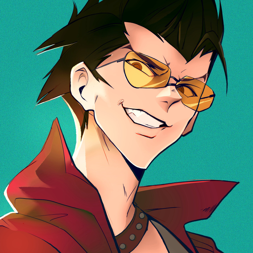 1boy absurdres aviator_sunglasses black_hair collared_jacket commentary english_commentary face glasses highres jacket looking_at_viewer male_focus nem_graphics no_more_heroes portrait simple_background smile solo spiked_hair sunglasses travis_strikes_back:_no_more_heroes travis_touchdown