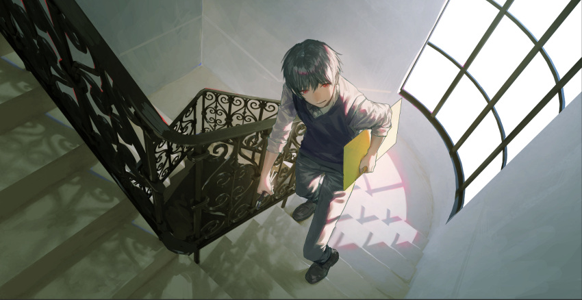 1boy black_footwear black_hair black_vest brown_pants canvas_(object) chromatic_aberration commentary from_above full_body highres holding holding_paintbrush indoors ishida_(segu_ishida) long_sleeves looking_at_viewer looking_up male_focus original paintbrush pants railing red_eyes shirt short_hair sleeves_rolled_up spiral_staircase stairs symbol-only_commentary vest white_shirt window