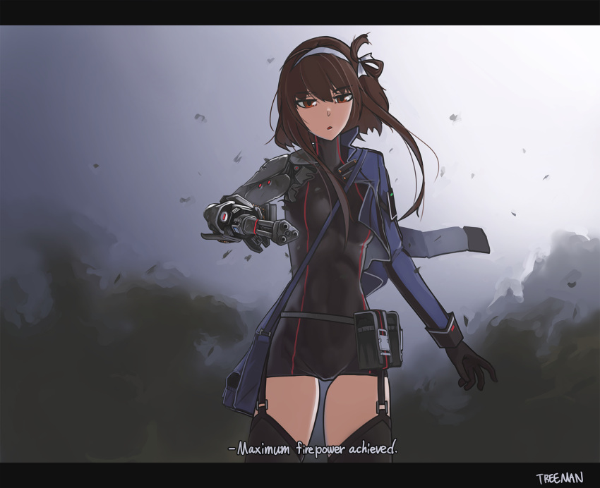 1girl :o artist_name black_bodysuit black_gloves black_legwear bodysuit breasts brown_hair commentary damaged english_text eyebrows_visible_through_hair feet_out_of_frame girls'_frontline gloves gun hair_ornament hairband highres looking_at_viewer mechanical_arms mechanical_parts medium_breasts medium_hair open_mouth prosthesis red_eyes simple_background single_mechanical_arm smoke solo standing thighhighs treeman type_79_(girls'_frontline) weapon white_hairband