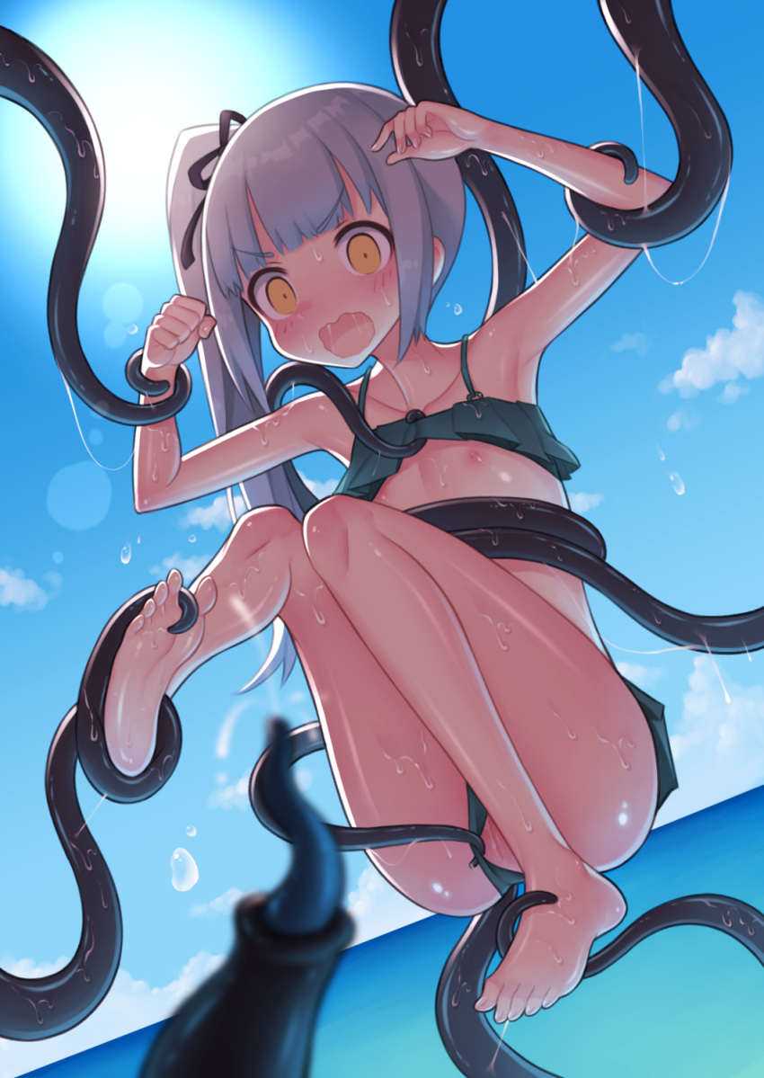 1girl barefoot between_toes bikini blue_sky blush breasts cameltoe cleft_of_venus cloud commentary_request day eyebrows_visible_through_hair feet green_bikini grey_hair highres holding_another's_foot kantai_collection kasumi_(kancolle) long_hair nipples nishikasai_munieru ocean open_mouth pussy revision side_ponytail sky small_breasts soles solo sun swimsuit tentacles toes yellow_eyes