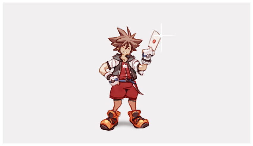 1boy brown_hair closed_eyes commentary cropped_jacket english_commentary fingerless_gloves full_body gloves grey_background highres jewelry kingdom_hearts kingdom_hearts_i letter male_focus necklace nin_nakajima short_jumpsuit simple_background smash_invitation smile solo sora_(kingdom_hearts) spiked_hair super_smash_bros. white_gloves yellow_footwear