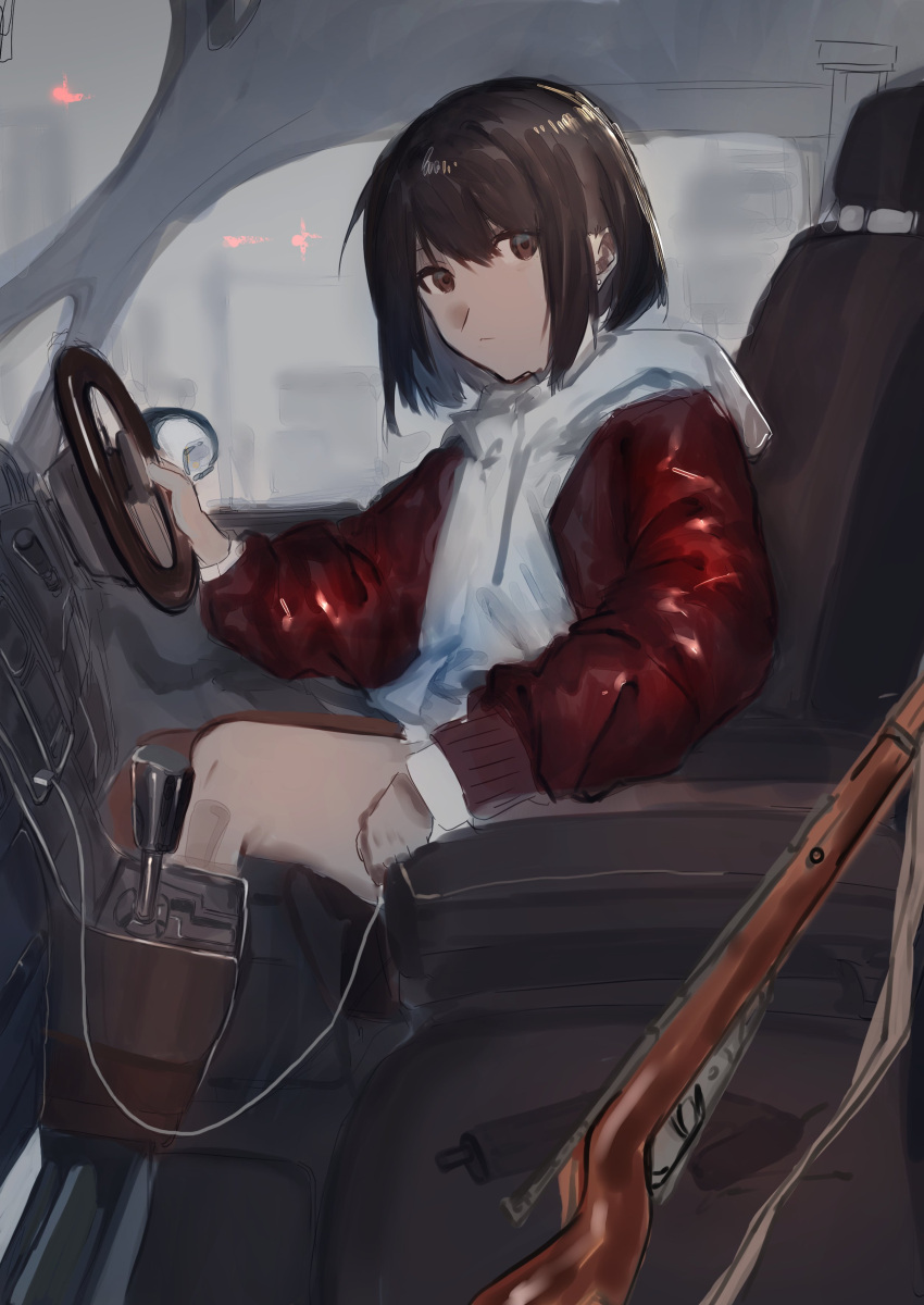 1girl absurdres bangs brown_hair closed_mouth ground_vehicle gun hair_between_eyes highres hood hood_down hooded_jacket jacket konboutarou long_sleeves motor_vehicle original rifle seat short_hair sitting solo steering_wheel vehicle_interior weapon