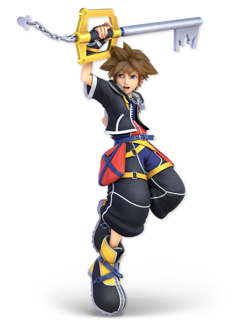 1boy 3d arm_up artist_request baggy_pants bangs belt black_footwear black_gloves black_jacket black_pants blue_eyes blue_shirt brown_hair chain cropped_jacket disney fighting_stance fingerless_gloves full_body game_model gloves highres holding holding_sword holding_weapon jacket jewelry keyblade kingdom_hearts kingdom_hearts_ii kingdom_key leg_up looking_to_the_side male_focus mickey_mouse necklace official_art open_clothes open_jacket open_mouth pants pouch shirt shirt_tucked_in shoes short_hair short_sleeves sidelocks solo sora_(kingdom_hearts) spiked_hair standing standing_on_one_leg super_smash_bros. sword teeth transparent_background v-shaped_eyebrows weapon wide_sleeves zipper zipper_pull_tab