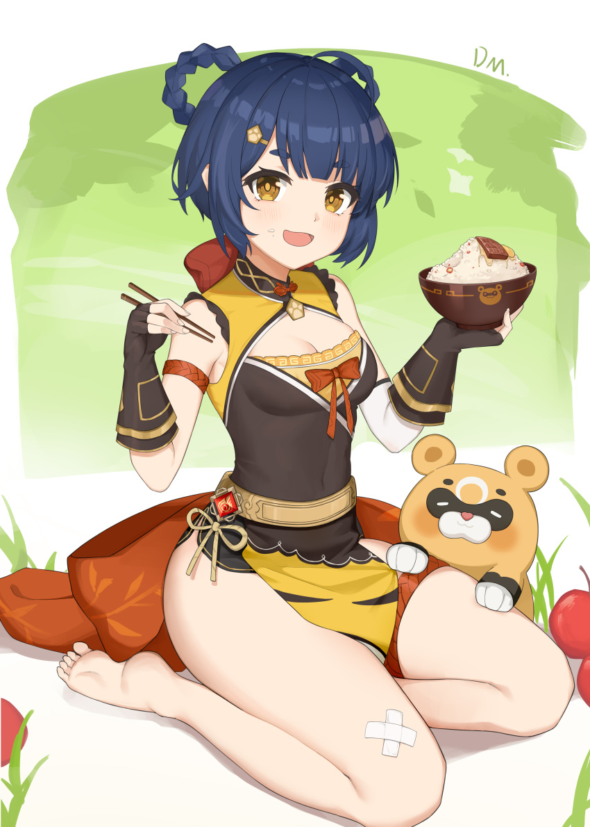 1girl absurdres bandaid bandaid_on_knee bare_shoulders barefoot black_shorts blue_hair bow braid breasts chinese_clothes chopsticks cleavage closed_eyes commentary dmwd233 dress feet food food_on_face genshin_impact gloves guoba_(genshin_impact) highres looking_at_viewer panda rice short_hair short_shorts shorts sleeveless sleeveless_dress small_breasts smile thighs toes twin_braids xiangling_(genshin_impact) yellow_eyes