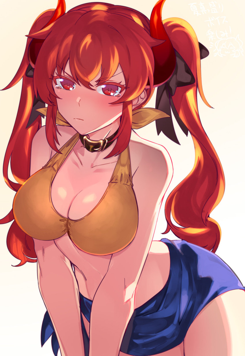 1girl alternate_hairstyle bangs bikini black_bow blue_sarong bow breasts brown_collar closed_mouth collar dola_(nijisanji) dragon_girl dragon_horns frown hair_bow halter_top halterneck hati105 highres horns large_breasts long_hair looking_at_viewer nijisanji red_eyes red_hair red_horns sarong simple_background solo swimsuit tearing_up twintails v-shaped_eyebrows v_arms very_long_hair virtual_youtuber white_background yellow_bikini