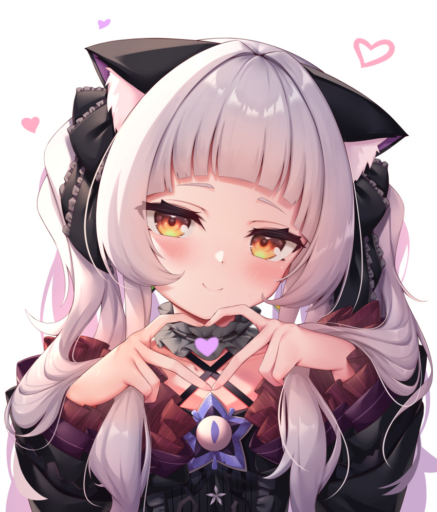 1girl absurdres animal_ear_fluff animal_ears arata_(xin) bangs black_dress black_ribbon blush cat_ears closed_mouth commentary criss-cross_halter dress eyes_visible_through_hair frilled_ribbon frilled_sleeves frills hair_ribbon halterneck hands_up heart heart_hands highres hololive long_hair long_sleeves looking_at_viewer murasaki_shion ribbon silver_hair simple_background smile solo upper_body virtual_youtuber white_background yellow_eyes