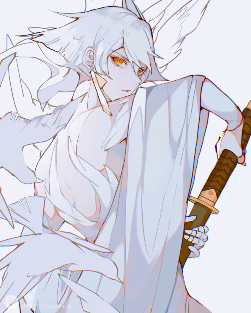 1boy back bandaged_fingers bandages bare_back bob_cut daleth_(sky:_children_of_the_light) doupichipizi earrings grey_hair highres holding holding_sword holding_weapon inverted_bob jewelry looking_back orange_eyes short_hair simple_background sky:_children_of_the_light solo sword tassel tassel_earrings upper_body weapon white_bird white_hair