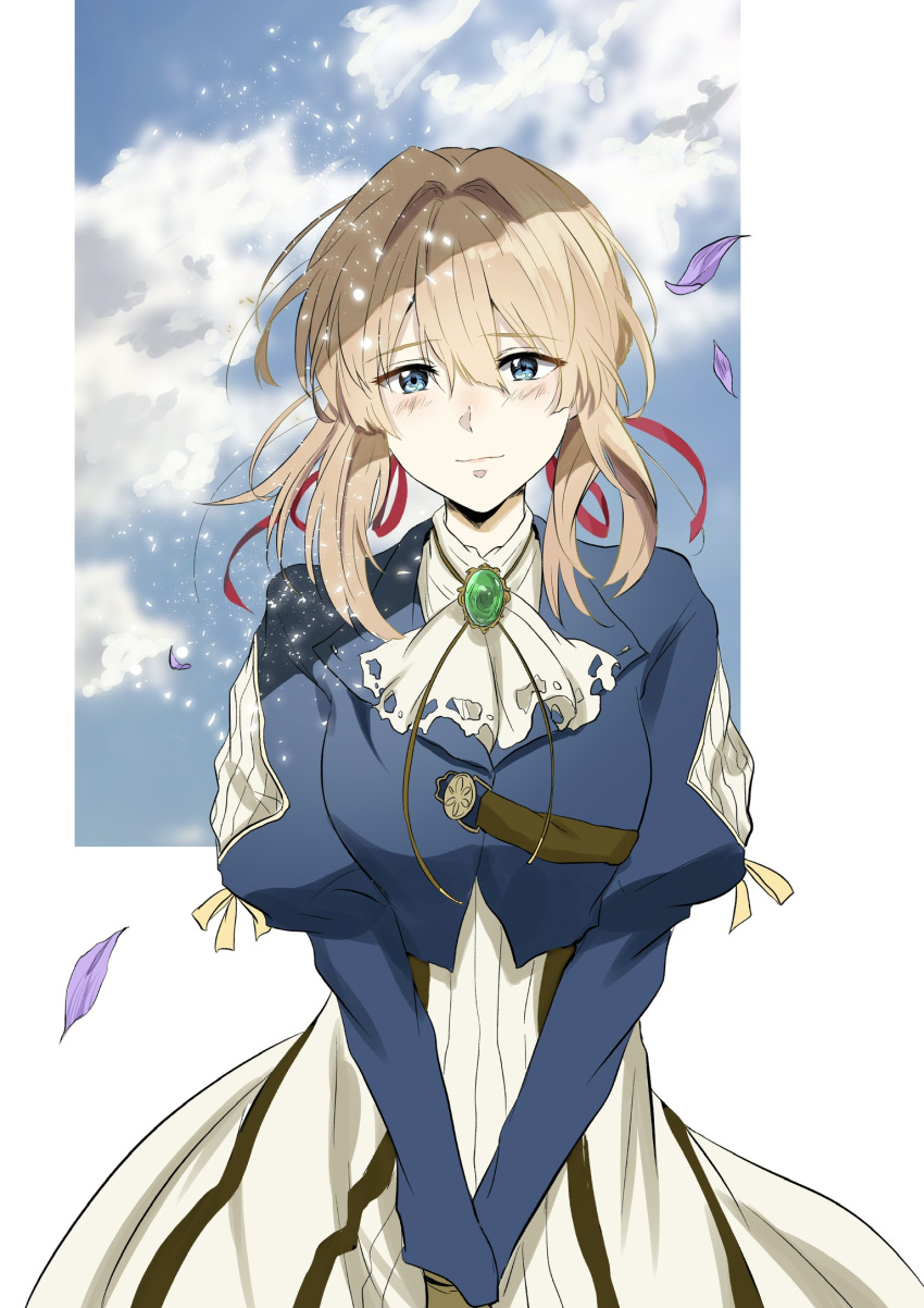 1girl ascot bangs blonde_hair blue_eyes blue_jacket blue_sky blush brooch brown_gloves closed_mouth cloud commentary_request dress eyebrows_visible_through_hair gloves green_brooch hair_between_eyes hair_ribbon highres jacket jewelry long_sleeves looking_at_viewer necklace puffy_sleeves red_ribbon ribbon shosudo sky smile solo violet_(flower) violet_evergarden violet_evergarden_(series) white_ascot