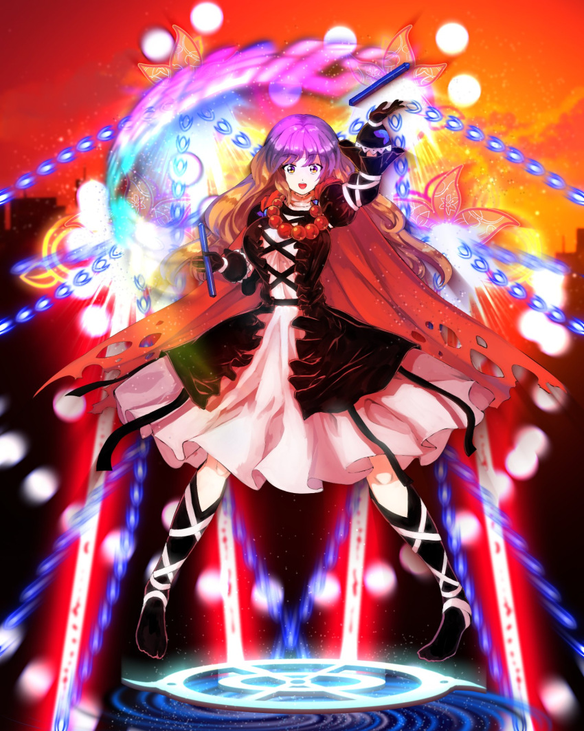 1girl :d bangs bead_necklace beads black_dress breasts brown_eyes commentary_request danmaku dress eyebrows_visible_through_hair full_body gradient_hair highres hijiri_byakuren holding jewelry large_breasts layered_dress long_hair long_sleeves looking_at_viewer magic_circle multicolored_clothes multicolored_dress multicolored_hair necklace open_mouth pose purple_hair smile solo sorcerer's_sutra_scroll standing sunyup touhou two-tone_hair white_background white_dress