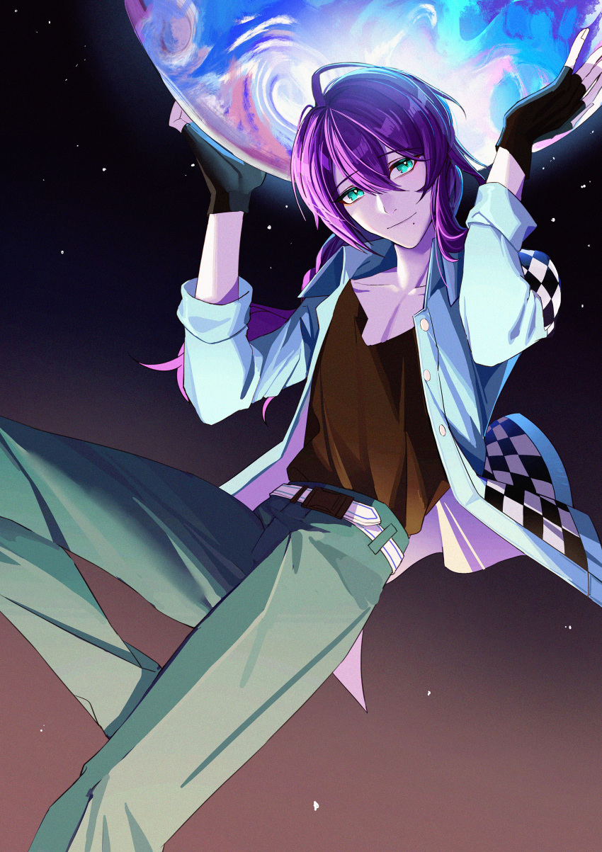 1boy absurdres antenna_hair arms_up ayase_mayoi belt checkered checkered_jacket collarbone commentary_request ensemble_stars! eyebrows_visible_through_hair fingerless_gloves gloves gradient gradient_background green_eyes hair_between_eyes highres holding jacket leg_up loveforever666 male_focus medium_hair open_clothes open_shirt pants purple_hair sky smile star_(sky) starry_sky