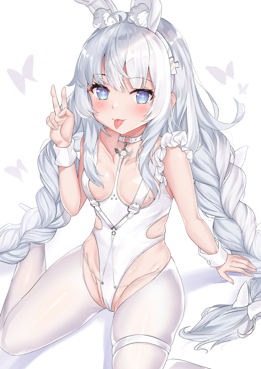 1girl :p absurdres animal_ear_fluff animal_ears arm_up azur_lane blue_eyes blush braid breasts cameltoe commentary_request crotchless crotchless_pantyhose deogho_(liujinzy9854) fake_animal_ears groin highleg highleg_leotard highres korean_commentary le_malin_(azur_lane) le_malin_(listless_lapin)_(azur_lane) leotard long_hair official_alternate_costume pantyhose playboy_bunny rabbit_ears silver_hair simple_background sitting small_breasts smile solo thighs tongue tongue_out twin_braids twintails v very_long_hair white_background white_legwear white_leotard wrist_cuffs