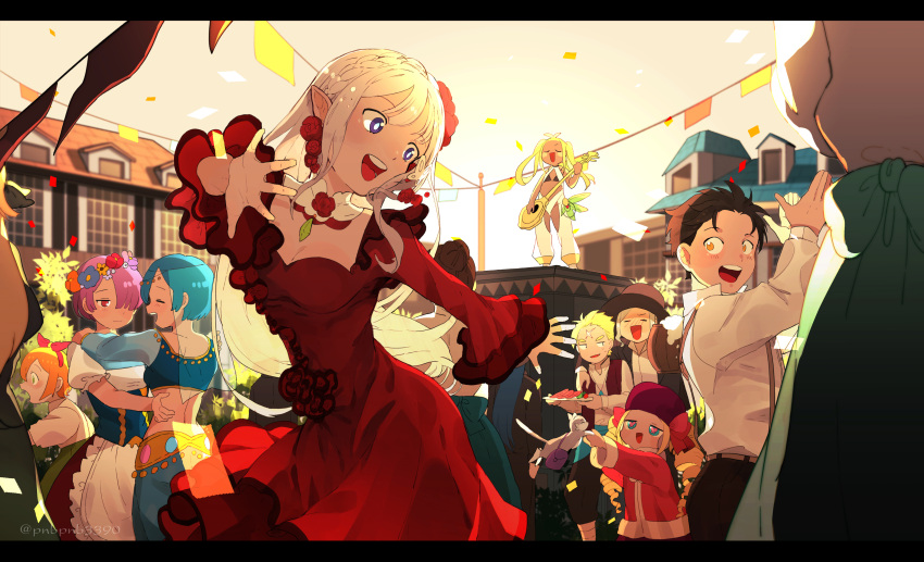 :d absurdres bangs bangsutur bard beatrice_(re:zero) beer_keg black_hair blonde_hair blue_hair blunt_bangs braid brown_eyes commentary_request dancing dark-skinned_female dark_skin drill_hair emilia_(re:zero) festival festival_dance flag flower garfiel_tinsel hair_flower hair_ornament hair_slicked_back hat highres liliana_masquerade long_hair natsuki_subaru open_mouth otto_suewen petra_leyte pink_hair puck_(re:zero) purple_eyes ram_(re:zero) re:zero_kara_hajimeru_isekai_seikatsu rem_(re:zero) rose short_hair silver_hair smile string_of_flags twin_drills twintails