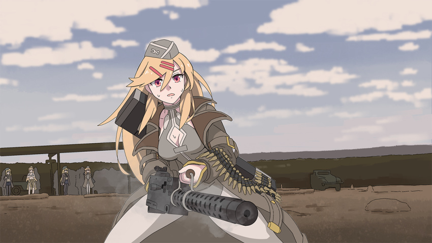 5girls ammunition_belt ammunition_box blonde_hair breasts brown_coat brown_headwear browning_m1919 cleavage cloud cloudy_sky coat commentary_request crossed_arms day garrison_cap girls'_frontline ground_vehicle gun hair_between_eyes hair_ornament hairclip hat holding holding_gun holding_weapon large_breasts light_machine_gun long_hair long_sleeves m1919a4_(girls'_frontline) m1_garand_(girls'_frontline) m2hb_(girls'_frontline) multiple_girls open_clothes open_coat open_mouth outdoors parody pink_eyes scene_reference sky tab_(tabkun) the_pacific weapon