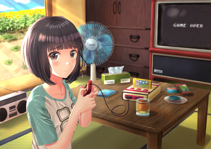 1girl absurdres akiyama0818 bangs black_eyes black_hair blunt_bangs blush controller cup day electric_fan eyebrows_visible_through_hair famicom game_console game_controller game_over highres indoors original plate radio shirt short_sleeves solo t-shirt table tatami television tissue_box