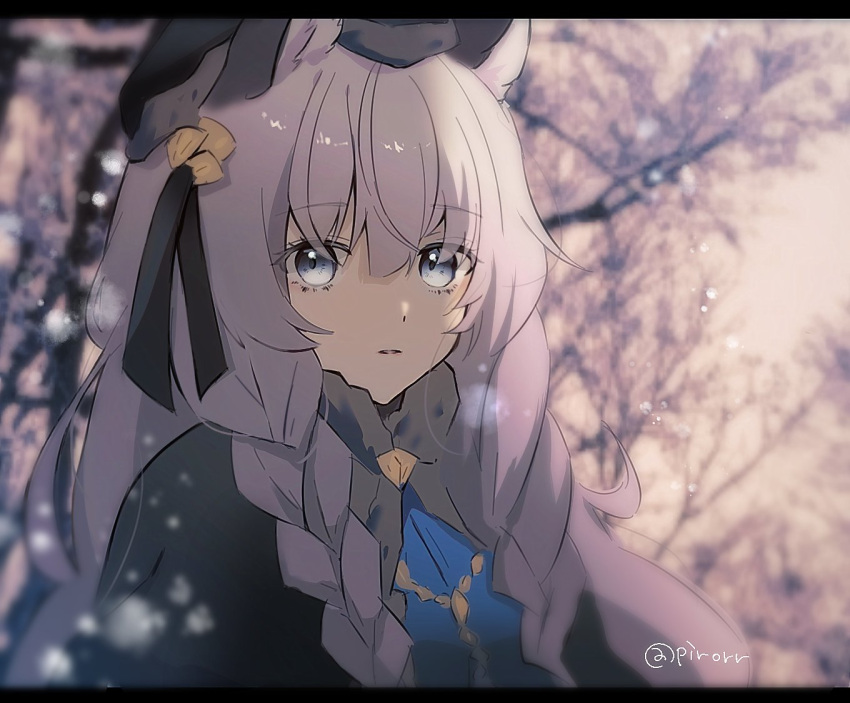 1girl animal_ears arknights bangs braid cat_ears cat_girl commentary eyebrows_visible_through_hair grey_eyes hat long_hair official_alternate_costume parted_lips pirorr pramanix_(arknights) pramanix_(caster's_frost)_(arknights) silver_hair snow solo twin_braids