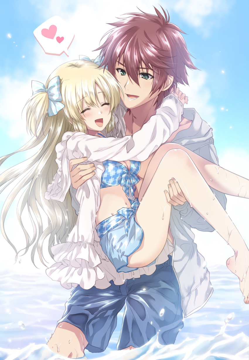 1boy 1girl blonde_hair blue_eyes carrying hair_ribbon happy highres hug kuroi_mimei liz_hohenstein long_hair muvluv muvluv_alternative ocean princess_carry red_hair ribbon schwarzesmarken smile swimsuit theodor_edelbach very_long_hair