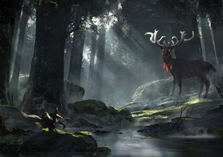 1girl absurdres antlers commentary_request couldoh dappled_sunlight deer foliage forest glowing glowing_eyes hagoromo hat highres japanese_clothes kimono nature outdoors red_kimono rice_hat rock sakuna-hime scenery shawl sickle solo sunlight tensui_no_sakuna-hime tree water wide_shot