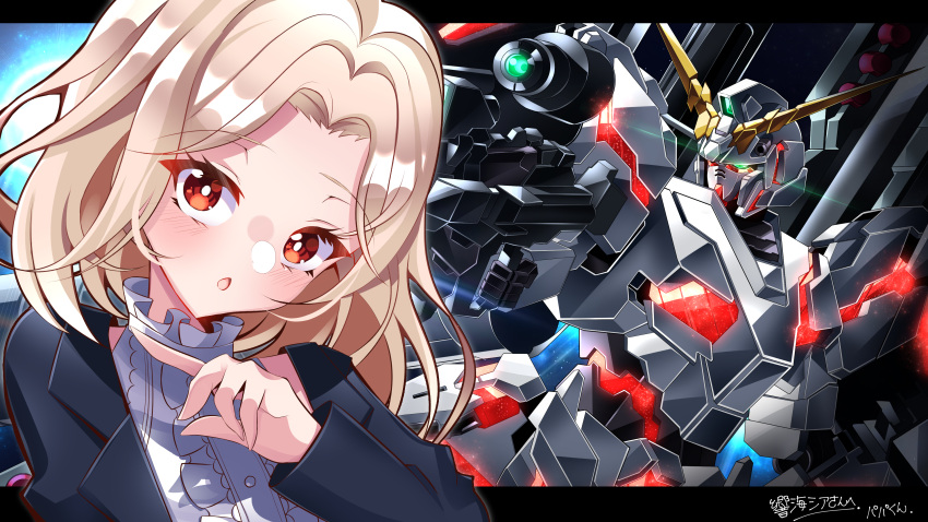1girl :o absurdres aiming bangs black_jacket blonde_hair blush brown_eyes collared_shirt commentary_request commission frilled_shirt frills full_armor_unicorn_gundam glowing glowing_eye green_eyes grey_shirt gun gundam gundam_unicorn highres holding holding_gun holding_weapon indie_virtual_youtuber jacket looking_at_viewer looking_to_the_side mecha missile_pod mobile_suit nt-d otomi_shia papa-kun_(destiny549-2) parted_bangs pointing_to_the_side science_fiction shirt skeb_commission sleeveless sleeveless_shirt unicorn_gundam v-fin virtual_youtuber weapon