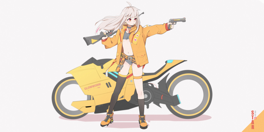 1girl absurdres ahoge asymmetrical_legwear bangs belt black_legwear blonde_hair bra candy commentary_request eyebrows_visible_through_hair food full_body grey_bra grey_panties ground_vehicle gun heart_button highres holding holding_gun holding_weapon jacket kneehighs lollipop long_hair long_sleeves looking_away looking_to_the_side motor_vehicle motorcycle mouth_hold nail_polish no_pants open_clothes open_jacket orange_footwear original panties puffy_sleeves red_eyes rifle shoes simple_background standing star-kiss star_(symbol) thigh_strap thighhighs underwear uneven_legwear weapon white_background wind yellow_jacket yellow_nails