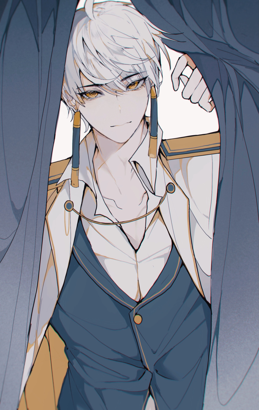 1boy absurdres bangs buttons collarbone collared_shirt curtains doupichipizi earrings grateful_shell_collector grey_hair highres jewelry looking_at_viewer male_focus shirt sky:_children_of_the_light solo swept_bangs tassel tassel_earrings white_hair yellow_eyes