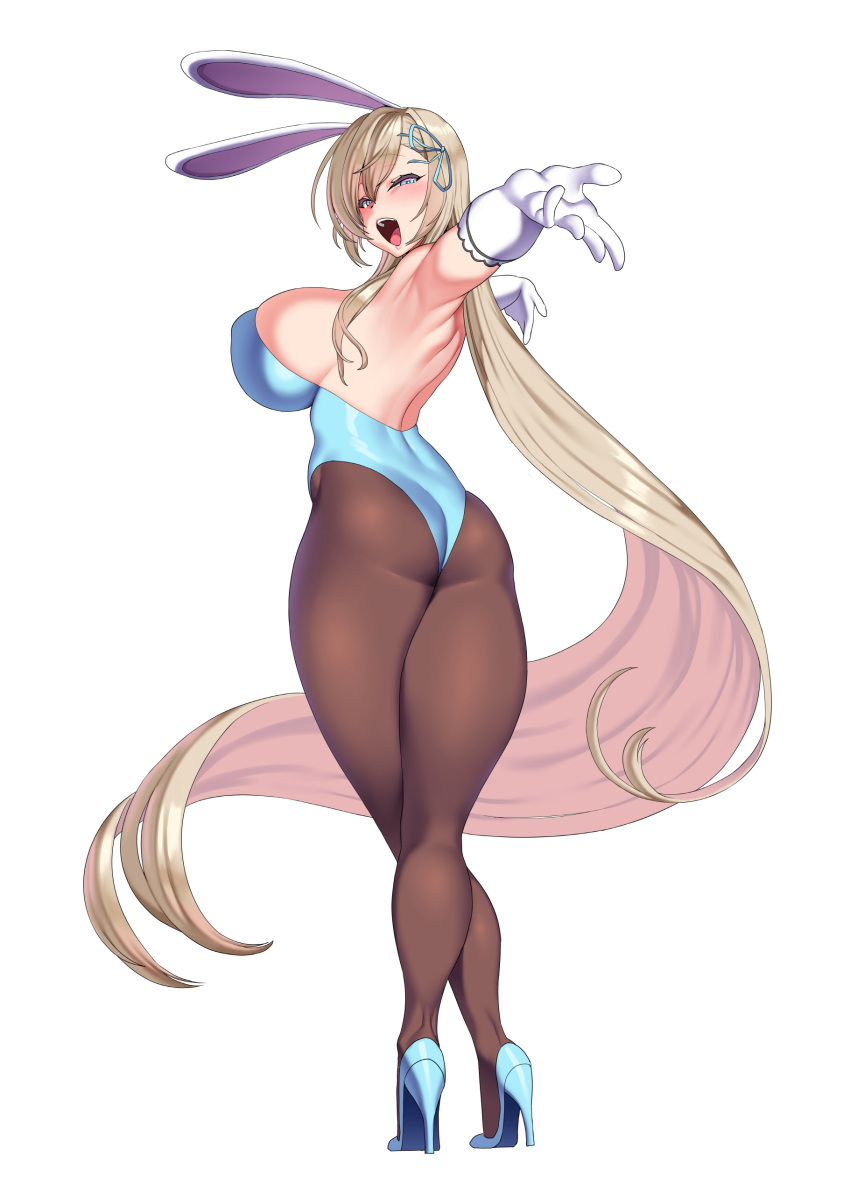 1girl :d absurdly_long_hair absurdres animal_ears armpits ass asuna_(blue_archive) back bangs bare_shoulders black_legwear blonde_hair blue_archive blue_eyes blue_footwear blush breasts commentary_request era_(erasion) fake_animal_ears full_body gloves hair_ribbon high_heels highres large_breasts long_hair looking_at_viewer open_mouth pantyhose playboy_bunny rabbit_ears ribbon simple_background smile solo teeth very_long_hair white_background white_gloves