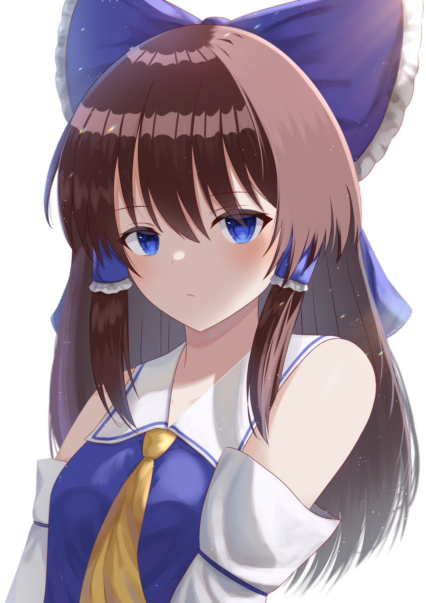 1girl absurdres alternate_color anima_miko ascot bangs bare_shoulders blue_bow blue_eyes bow brown_hair closed_mouth commentary detached_sleeves eyebrows_behind_hair hair_bow hair_tubes hakurei_reimu highres looking_at_viewer medium_hair nontraditional_miko player_2 simple_background solo touhou upper_body white_background yellow_ascot