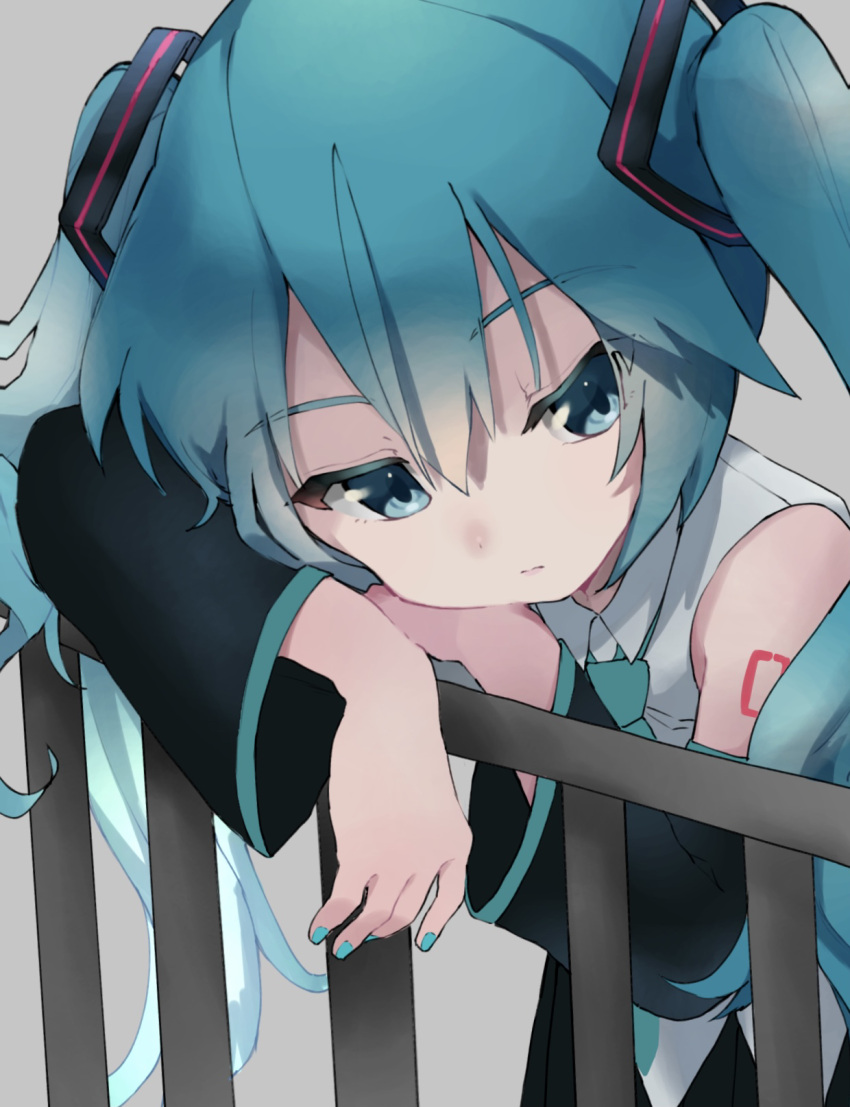 1girl akkai_(0343) aqua_eyes aqua_hair aqua_nails aqua_necktie bare_shoulders bent_over black_skirt black_sleeves bored commentary detached_sleeves expressionless grey_background grey_shirt hair_ornament half-closed_eyes hand_on_own_arm handrail hatsune_miku head_rest highres long_hair looking_to_the_side nail_polish necktie shirt shoulder_tattoo skirt sleeveless sleeveless_shirt solo standing tattoo twintails very_long_hair vocaloid