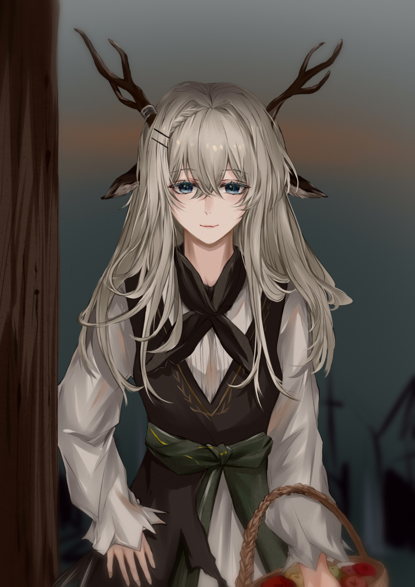 14su 1girl absurdres alina_(arknights) animal_ears apple arknights basket black_dress black_neckerchief blue_eyes chinese_commentary clothes_around_waist commentary_request deer_antlers deer_ears deer_girl dress food fruit grey_hair hair_between_eyes hair_ornament highres holding holding_basket long_hair looking_at_viewer neckerchief shirt shirt_around_waist solo straight-on upper_body