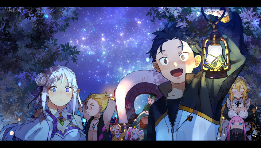 3boys 6+girls :d absurdres arms_behind_head bangsutur beatrice_(re:zero) black_hair blonde_hair blue_eyes brown_eyes carriage closed_eyes commentary_request emilia_(re:zero) fang flower frederica_baumann garfiel_tinsel hair_flower hair_ornament hair_slicked_back hand_on_own_neck hat highres jewelry lantern long_hair maid multiple_boys multiple_girls natsuki_subaru necklace night night_sky open_mouth otto_suewen petra_leyte ram_(re:zero) re:zero_kara_hajimeru_isekai_seikatsu ribbon ryuzu_meyer silver_hair sky smile star_(sky) starry_sky track_suit tree