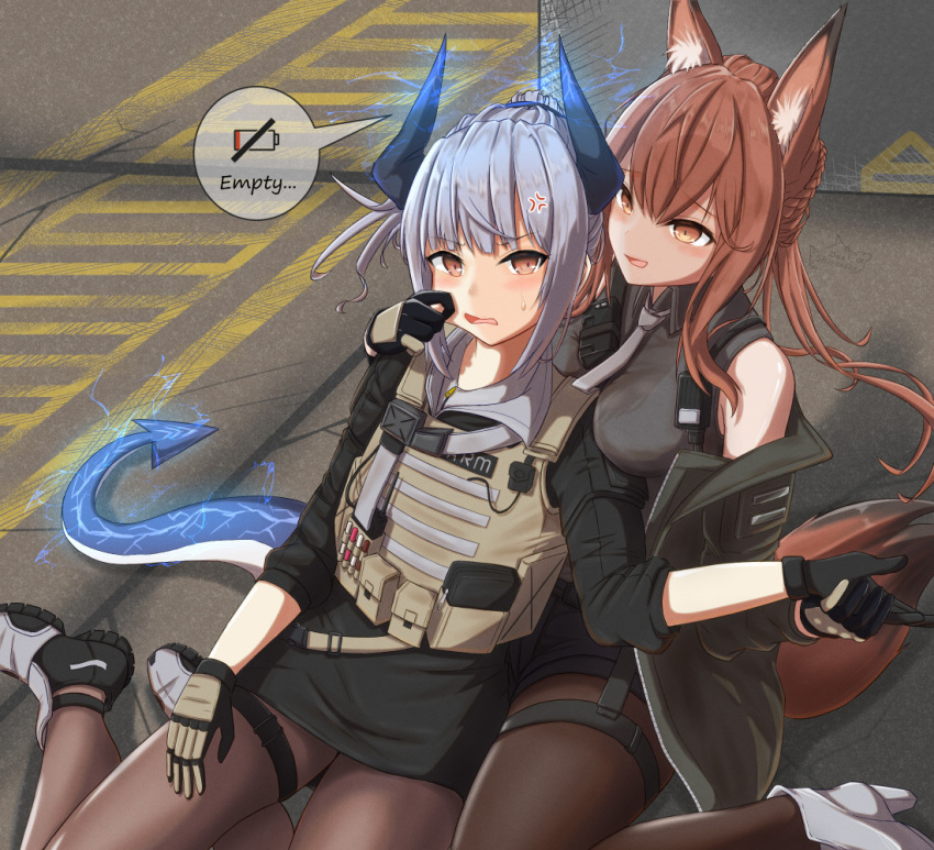 2girls :d anger_vein animal_ear_fluff animal_ears ankle_boots arknights bare_shoulders between_breasts black_footwear black_gloves black_jacket black_shirt black_shorts black_skirt blush boots braid breasts brown_eyes brown_legwear bulletproof_vest cheek_pinching collared_shirt commentary_request day dragon_girl dragon_horns dragon_tail electricity english_text eyebrows_visible_through_hair fox_ears fox_girl fox_tail franka_(arknights) gloves grey_necktie high_heel_boots high_heels holding_hands horns jacket legwear_under_shorts liskarm_(arknights) liskarm_(overload)_(arknights) long_hair long_sleeves looking_at_viewer medium_breasts miniskirt multiple_girls necktie off_shoulder official_alternate_costume on_ground open_clothes open_jacket open_mouth outdoors pantyhose pinching ponytail red_eyes road shironekoban shirt short_shorts shorts signature simple_background sitting skirt smile smug speech_bubble street sweatdrop tail thigh_strap v-shaped_eyebrows white_footwear yokozuwari yuri