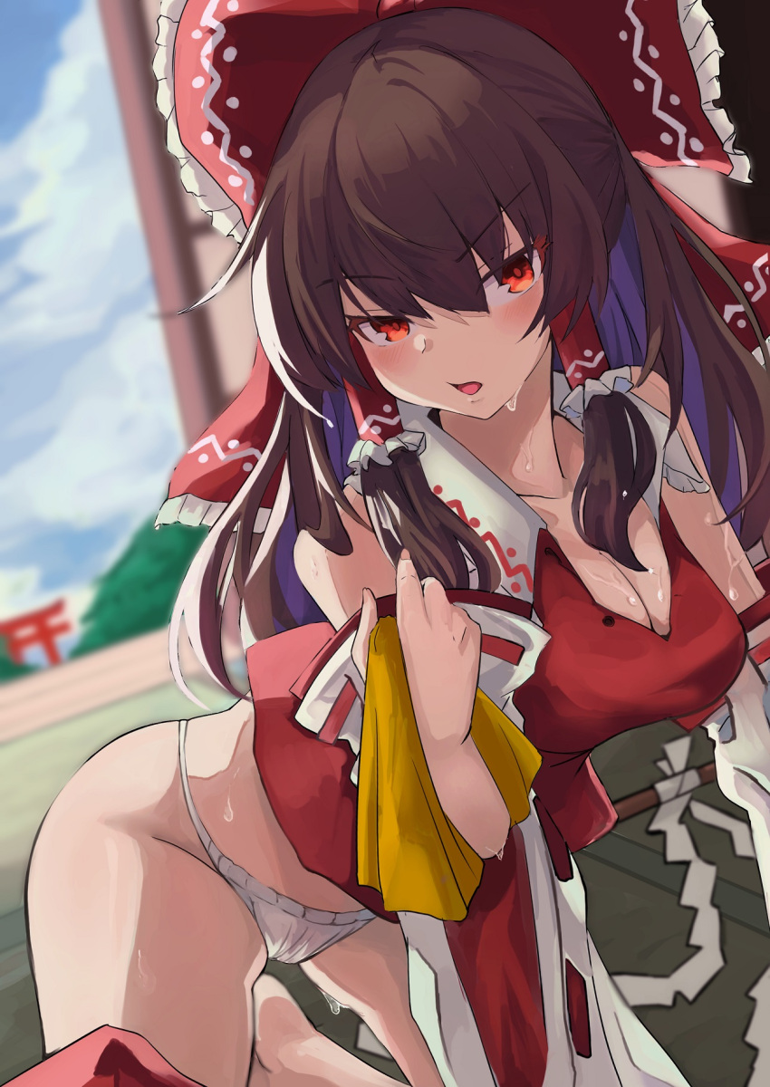 1girl ascot ascot_removed bangs bare_shoulders blurry blurry_background blush bow breasts brown_hair cleavage commentary_request detached_sleeves frilled_bow frilled_shirt_collar frills gohei hair_bow hair_tubes hakurei_reimu highres kneeling long_hair long_sleeves looking_at_viewer medium_breasts panties red_bow red_eyes red_vest ribbon-trimmed_sleeves ribbon_trim skirt skirt_removed solo sweat sweatdrop tatami thighs torii touhou underwear vest white_panties wide_sleeves yellow_ascot yuuka_(a0240765)