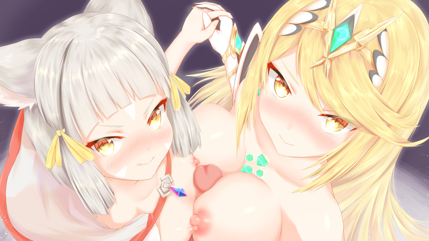 1boy 2girls animal_ears asymmetrical_docking blonde_hair blush breast_press breasts cat_ears censored chest_jewel cleavage ffm_threesome flat_chest from_above group_sex hetero highres holding_hands interlocked_fingers konowa_(pixiv30906526) large_breasts long_hair looking_at_viewer mosaic_censoring multiple_girls multiple_paizuri mythra_(xenoblade) naizuri nia_(xenoblade) nipples nose_blush paizuri penis short_hair silver_hair spoilers threesome tiara xenoblade_chronicles_(series) xenoblade_chronicles_2 yellow_eyes