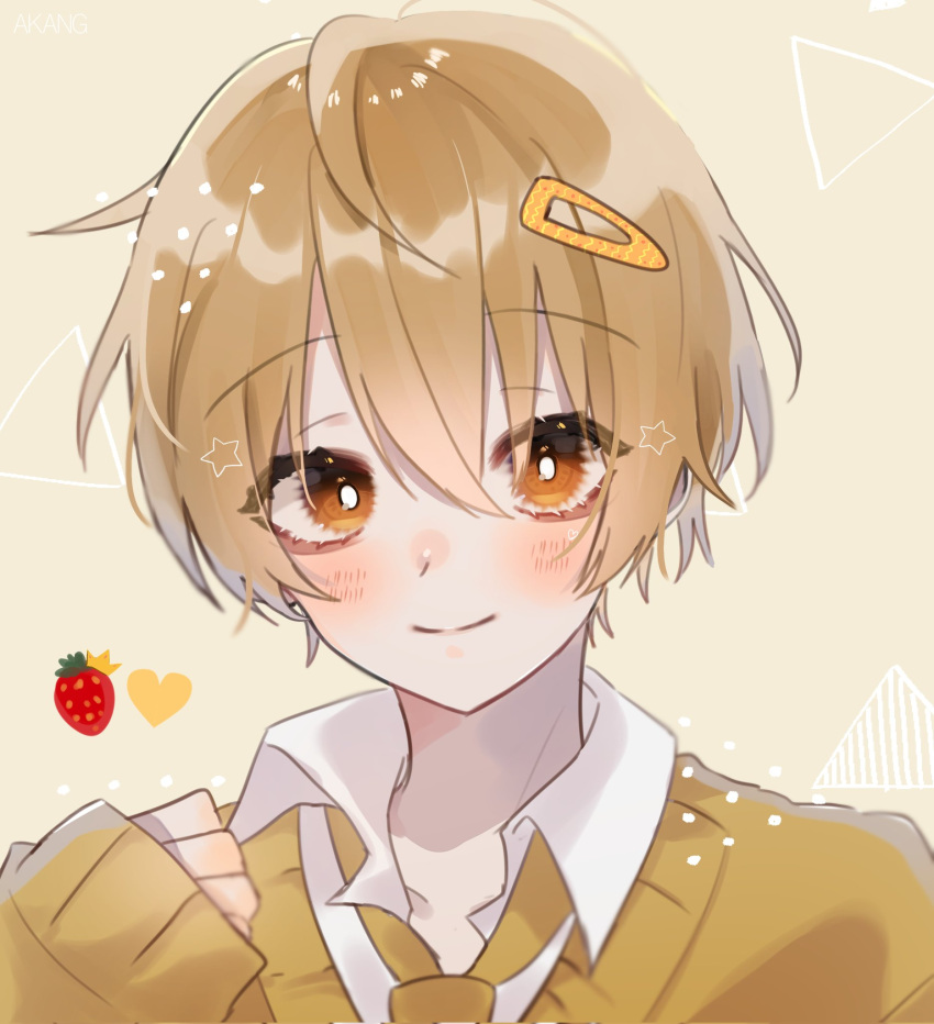 1boy a20190422 collared_shirt eyebrows_visible_through_hair food_print hair_between_eyes hair_ornament hairclip heart heart_print highres long_sleeves orange_eyes original shirt sleeves_past_wrists solo strawberry_print sweater white_shirt yellow_background yellow_neckwear yellow_sweater