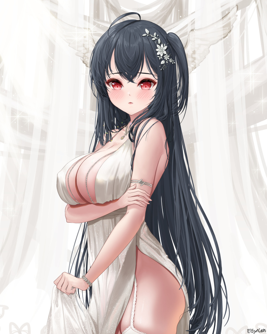 1girl absurdres arm_under_breasts artist_name ass azur_lane black_hair breasts center_opening dress elsynien evening_gown from_side garter_straps highres large_breasts long_hair looking_at_viewer official_alternate_costume red_eyes skirt_hold sleeveless sleeveless_dress solo taihou_(azur_lane) taihou_(temptation_on_the_sea_breeze)_(azur_lane) thighhighs thighs very_long_hair wedding_dress white_dress